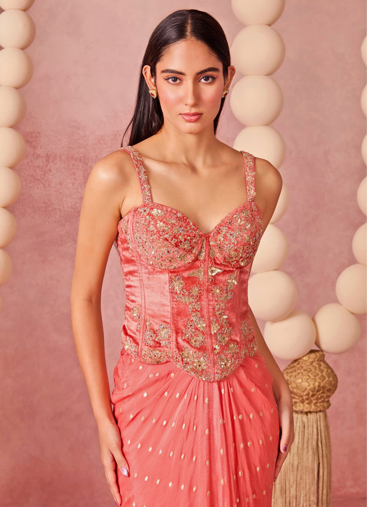 Coral Georgette Drape Skirt Set With Corset And Cape