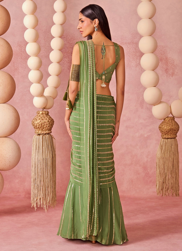 Green Organza Pre-Draped Saree Set
