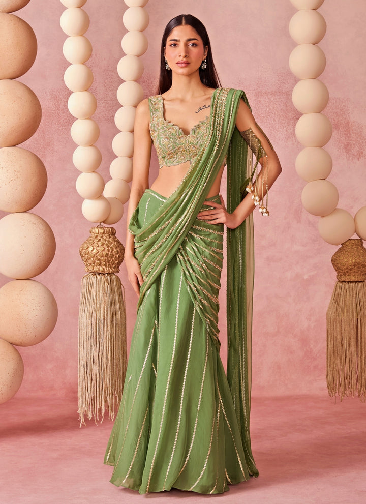Green Organza Pre-Draped Saree Set