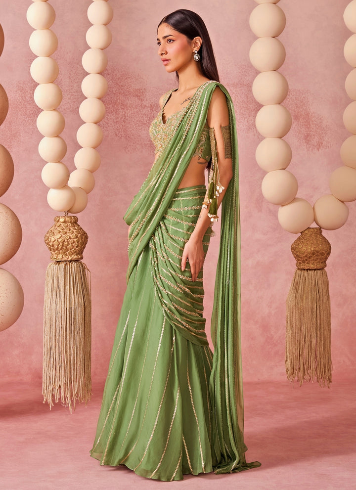 Green Organza Pre-Draped Saree Set