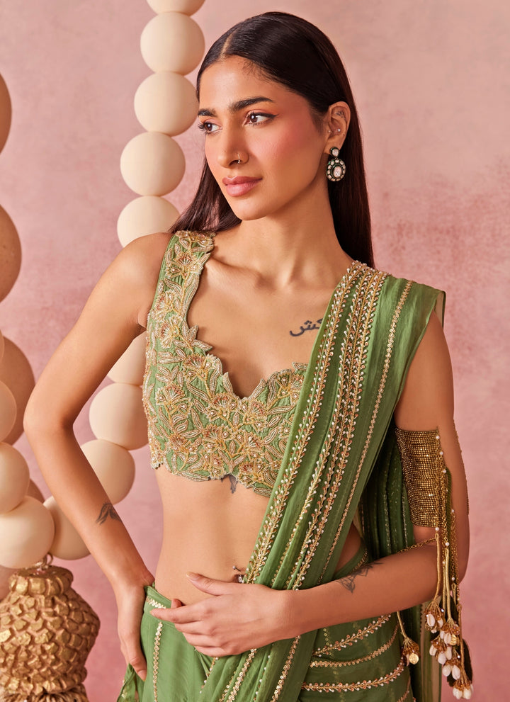 Green Organza Pre-Draped Saree Set