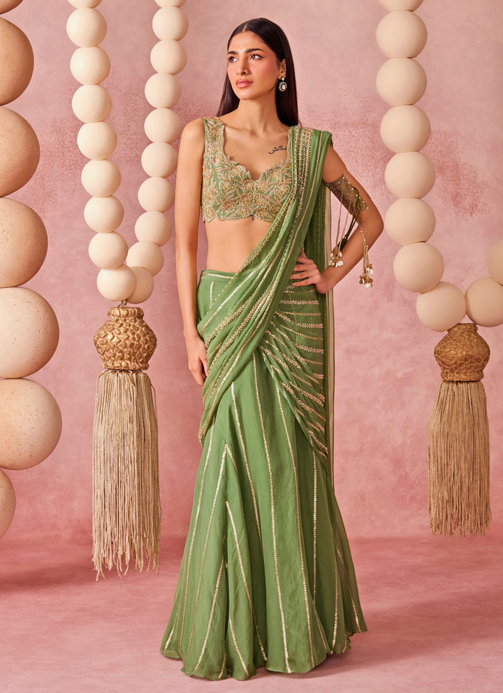 Green Organza Pre-Draped Saree Set
