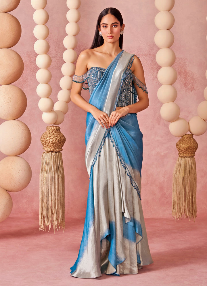 Blue And Silver Ombre Shimmer Tissue Pre-Draped Saree With Corset