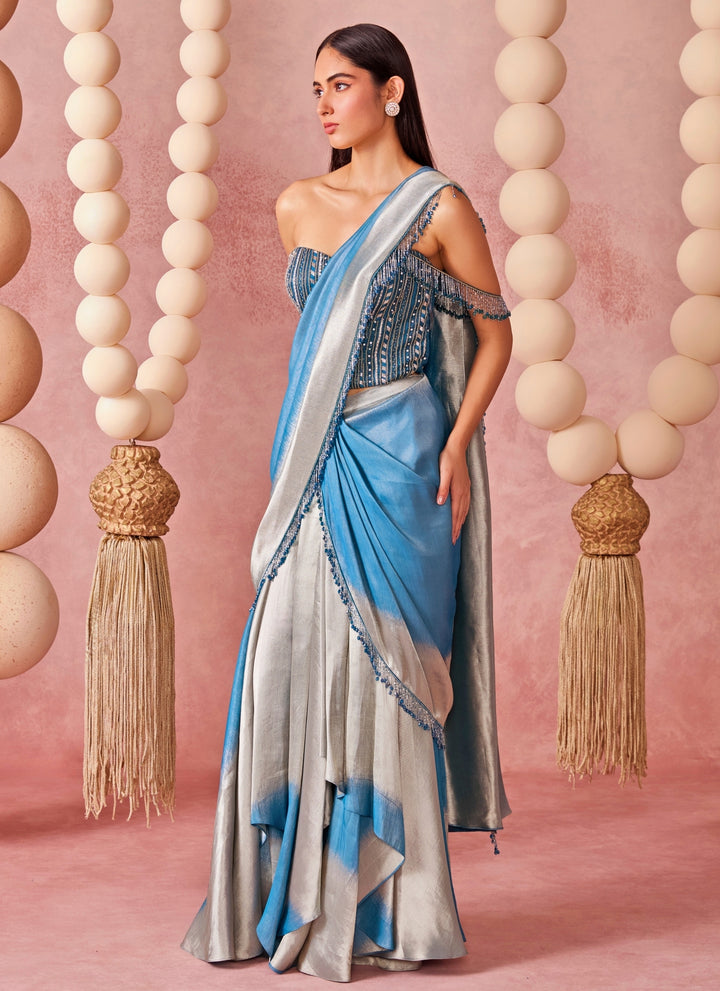 Blue And Silver Ombre Shimmer Tissue Pre-Draped Saree With Corset