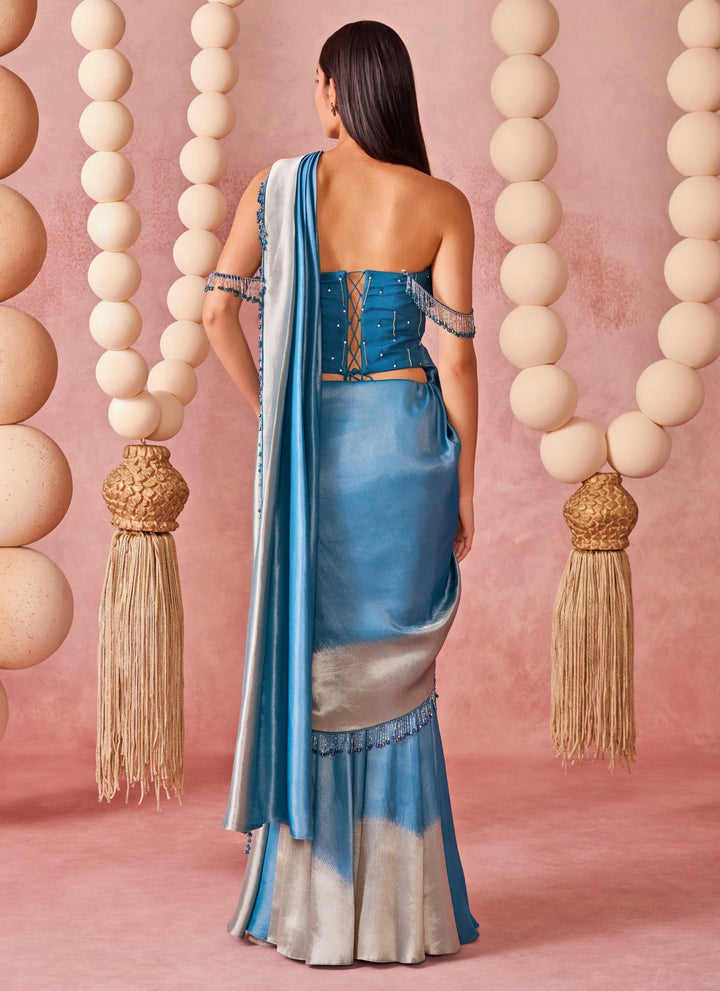 Blue And Silver Ombre Shimmer Tissue Pre-Draped Saree With Corset