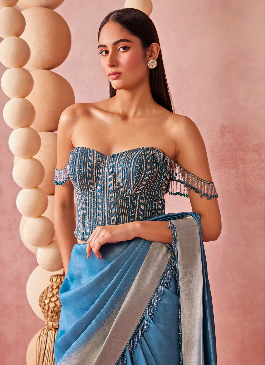 Blue And Silver Ombre Shimmer Tissue Pre-Draped Saree With Corset