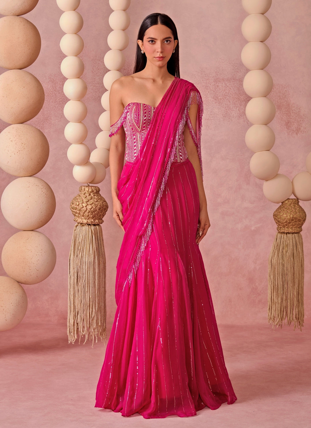 Hot Pink Organza Pre-Draped Saree With Corset