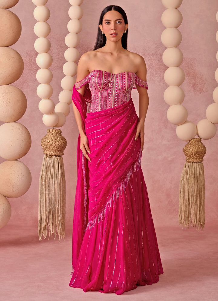 Hot Pink Organza Pre-Draped Saree With Corset
