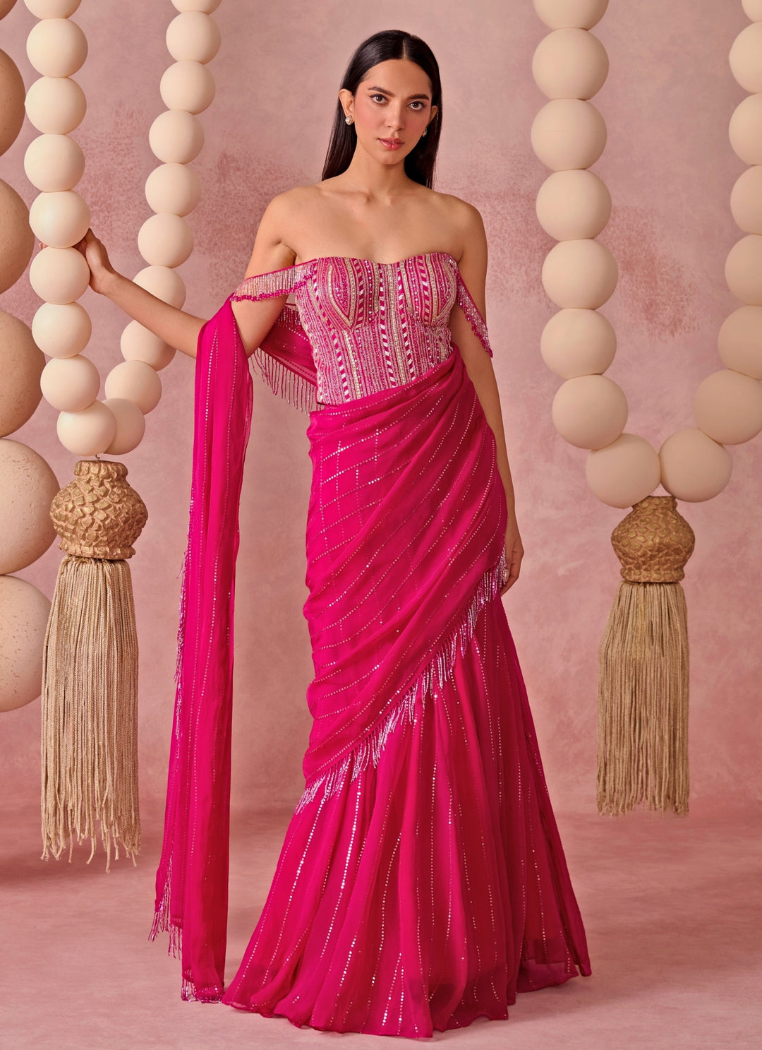Hot Pink Organza Pre-Draped Saree With Corset