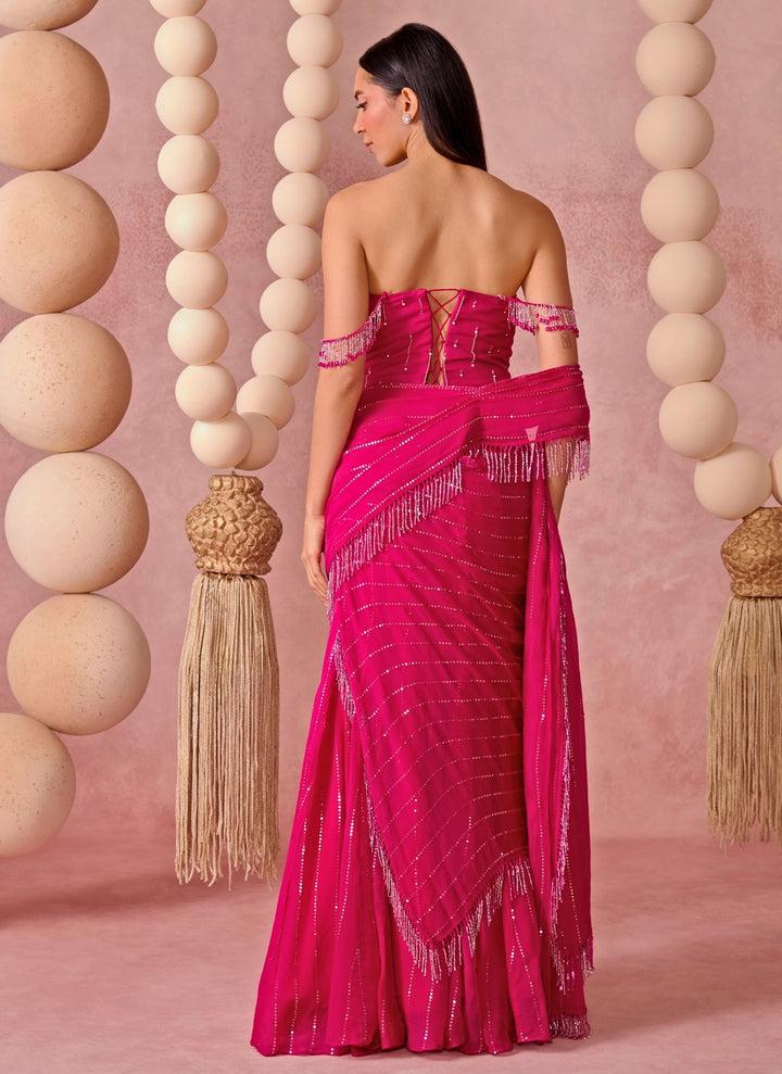 Hot Pink Organza Pre-Draped Saree With Corset