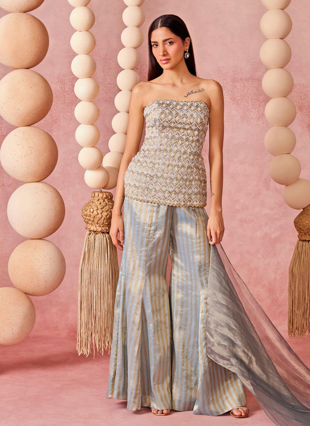 Powder Blue Tissue Organza Flared Pants Set