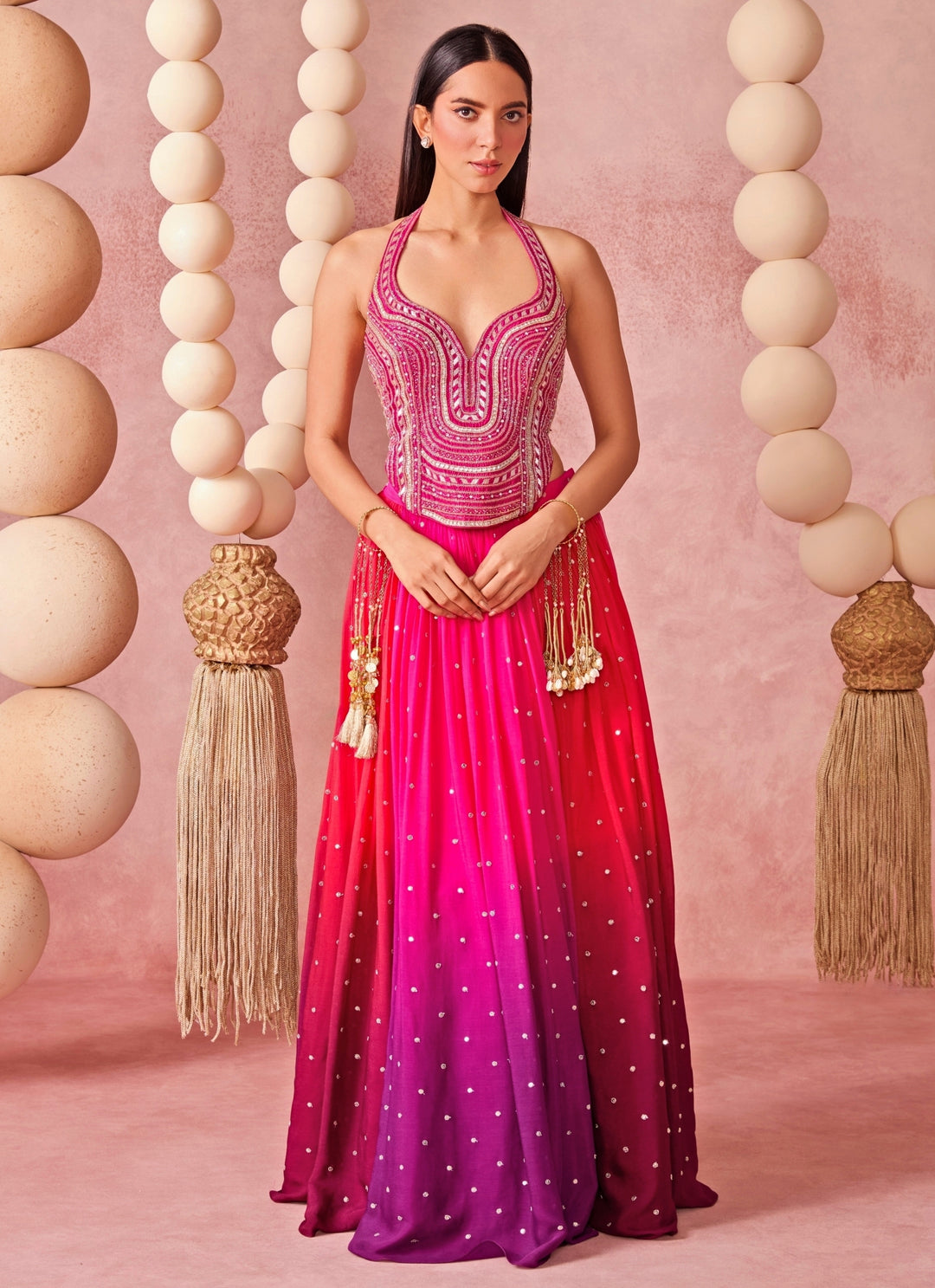 Hot Pink And Purple Georgette Corset Lehenga Set