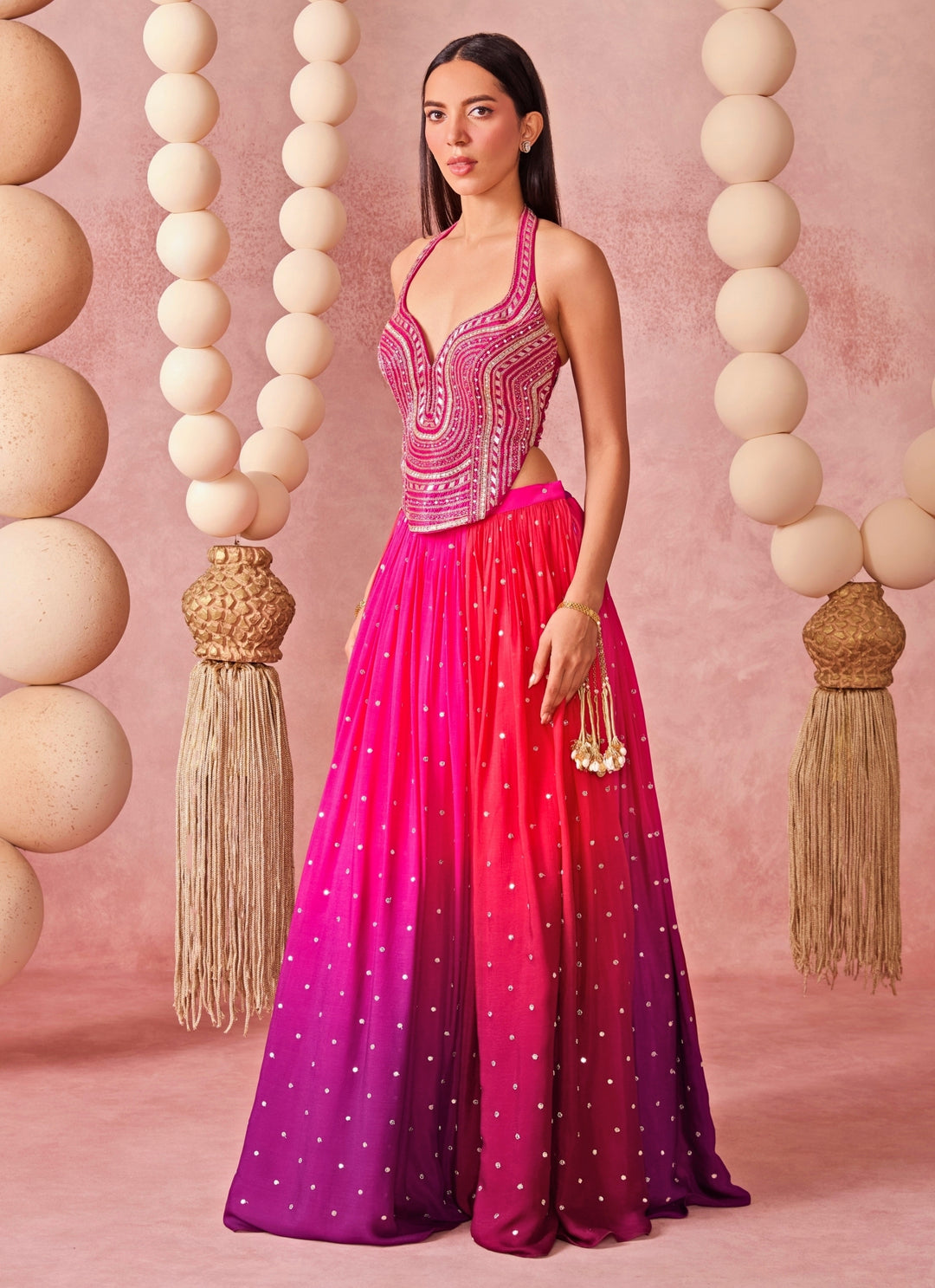 Hot Pink And Purple Georgette Corset Lehenga Set