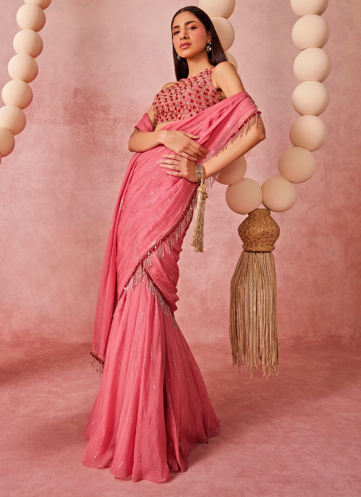 Pink Organza Pre-Draped Saree