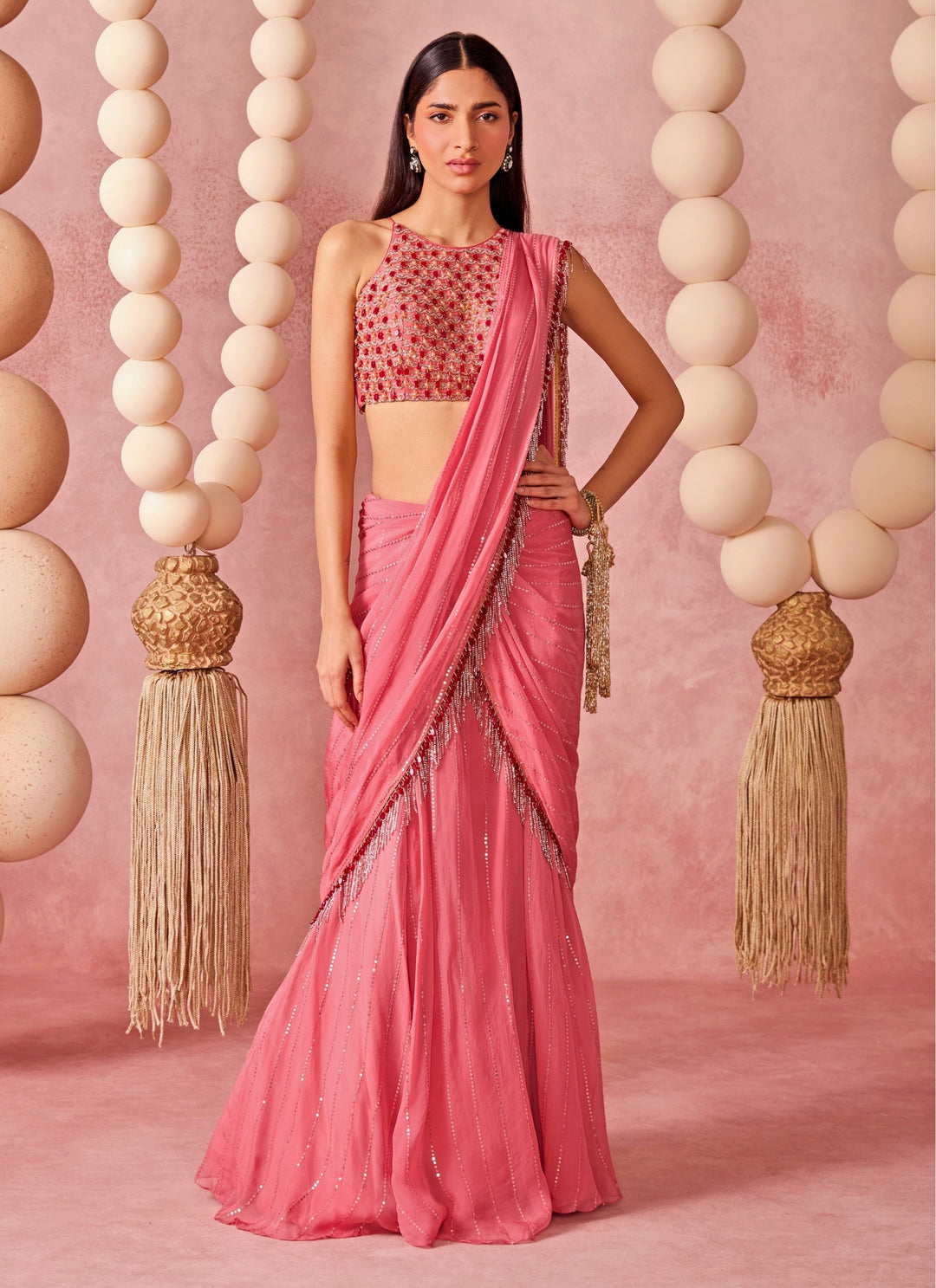 Pink Organza Pre-Draped Saree