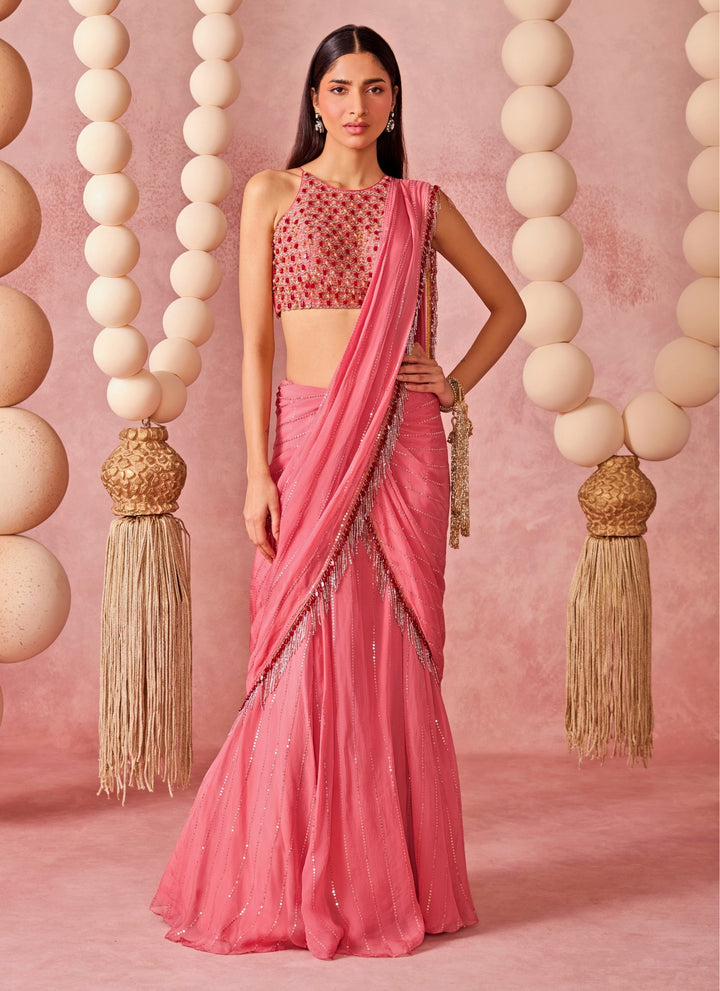 Pink Organza Pre-Draped Saree