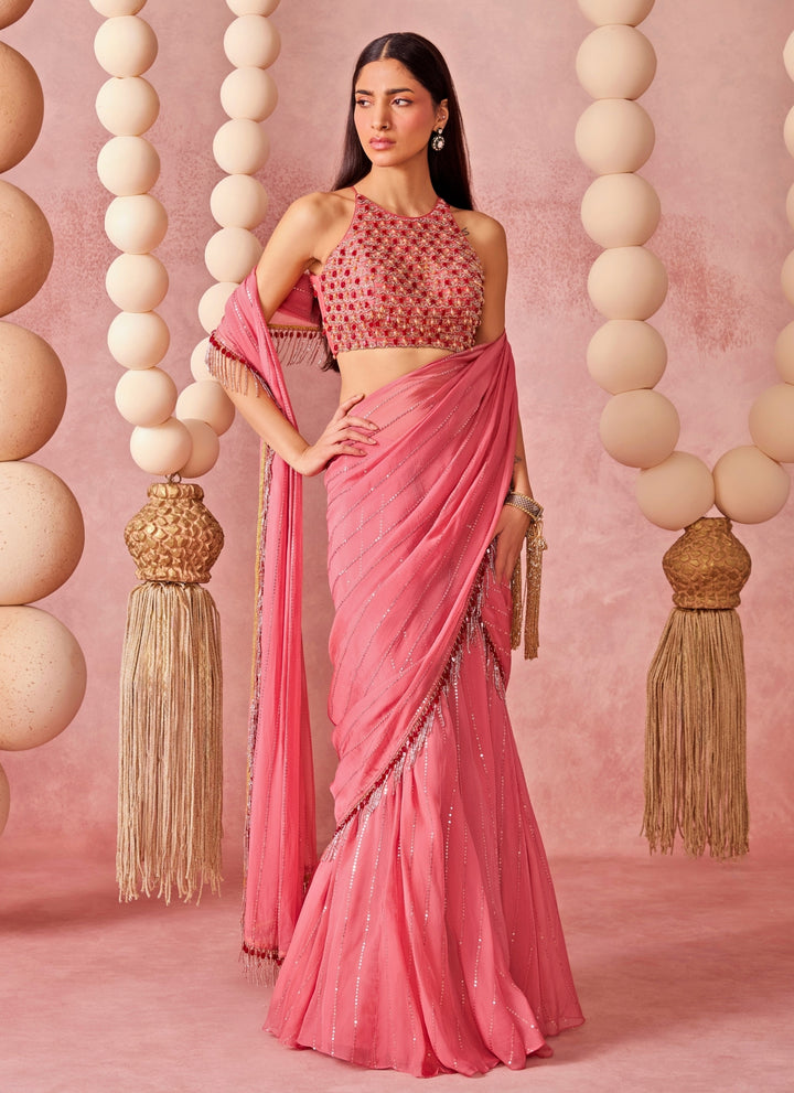 Pink Organza Pre-Draped Saree