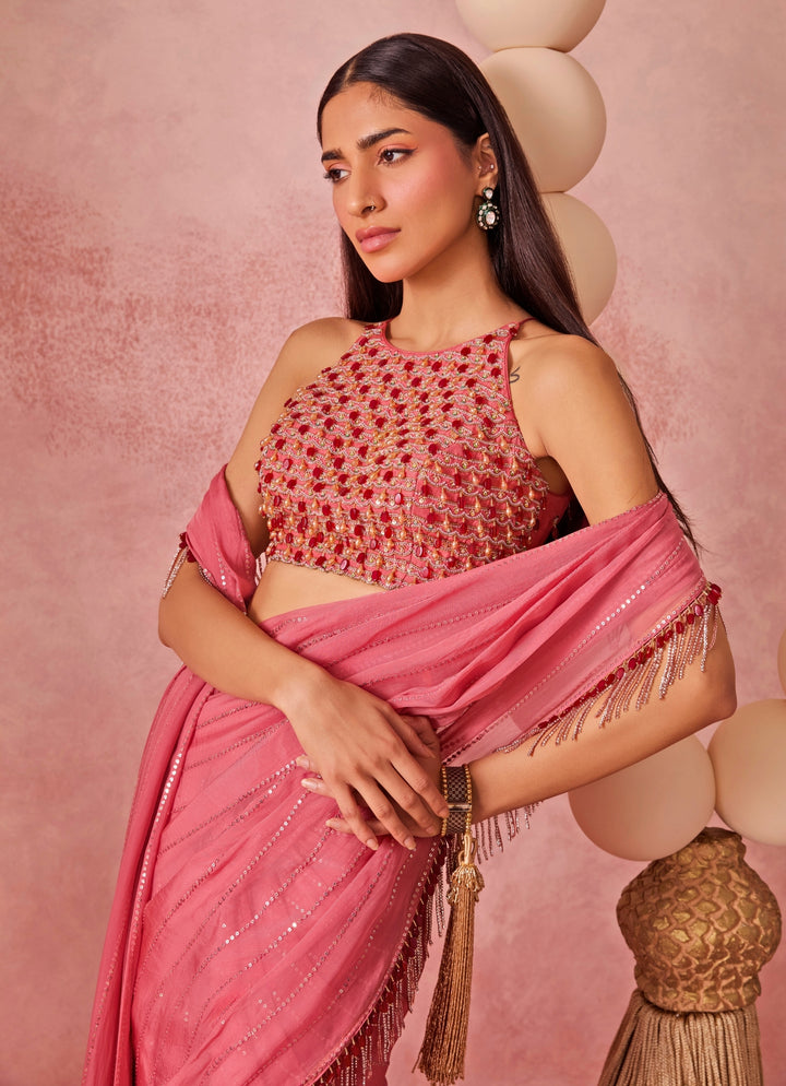 Pink Organza Pre-Draped Saree