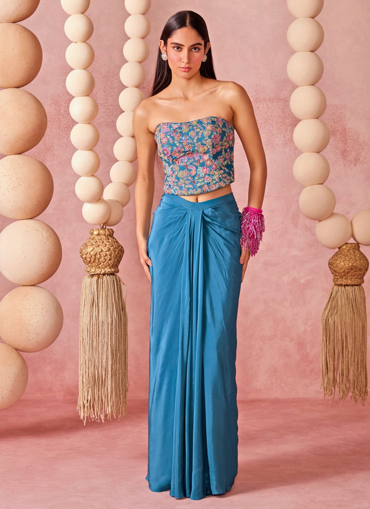 Blue Crepe Draped Skirt Set With Corset And Dupatta