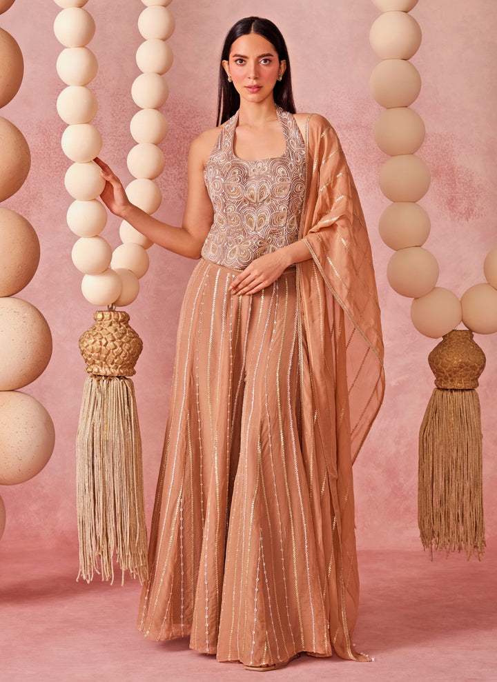 Muted Brown Organza Pants Set With Corset