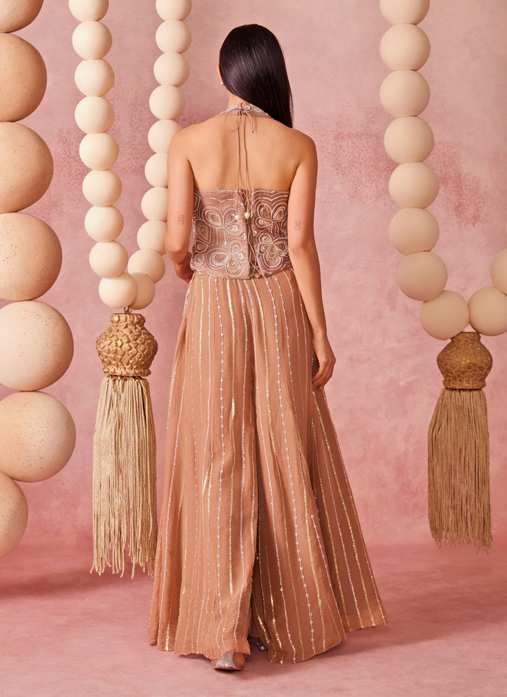 Muted Brown Organza Pants Set With Corset