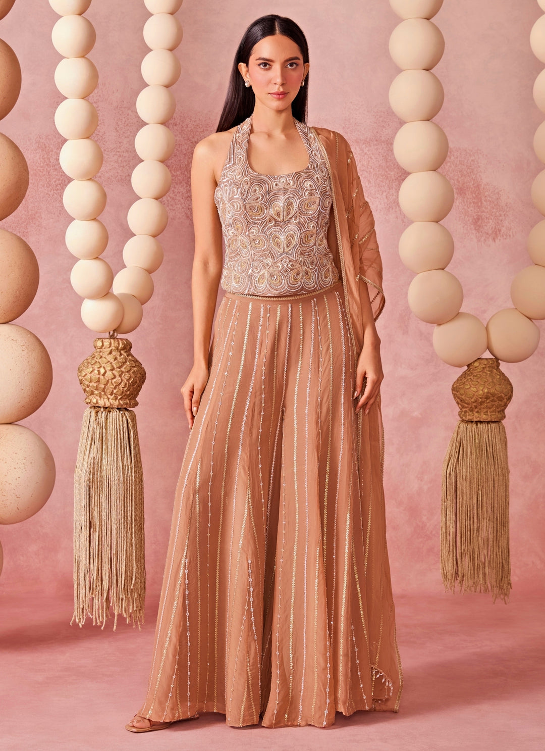Muted Brown Organza Pants Set With Corset