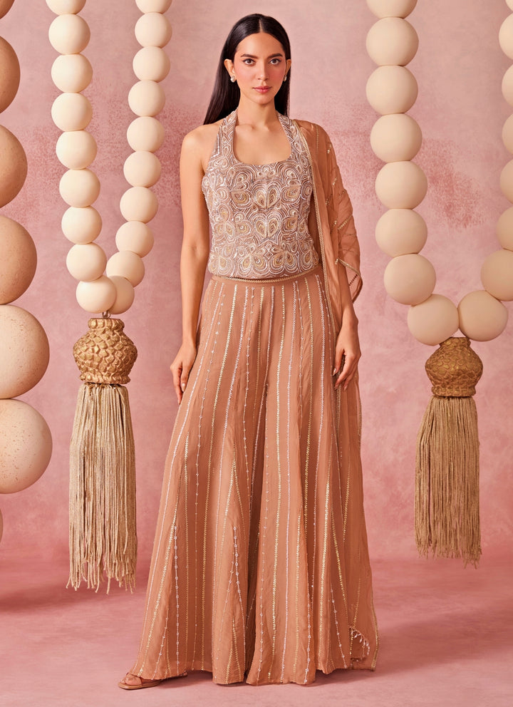 Muted Brown Organza Pants Set With Corset