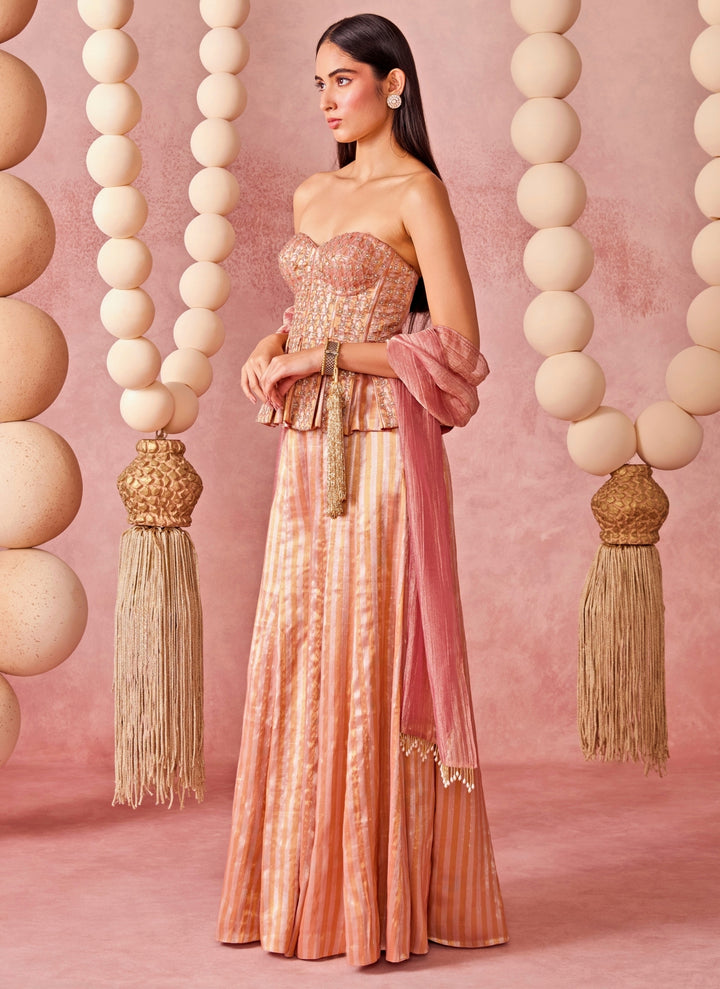 Pink Jamewar Tissue Corset Pants Set