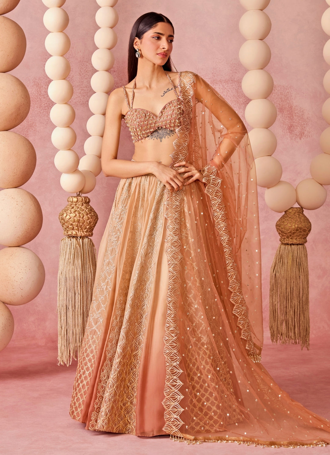 Beige Shaded Organza Lehenga Set