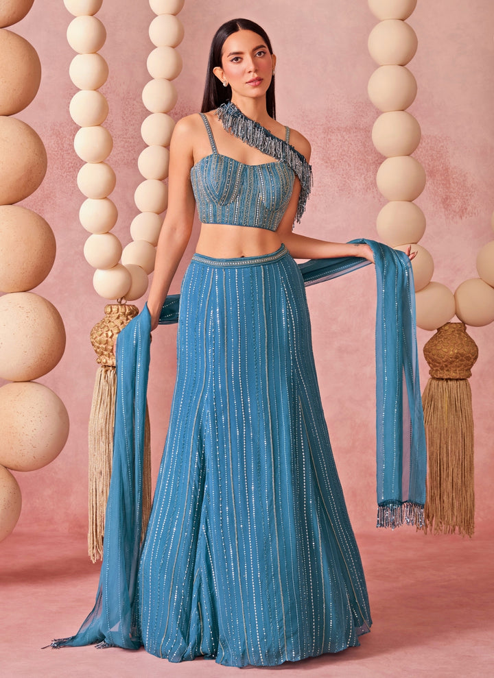 Blue Sequence Organza Lehenga Set