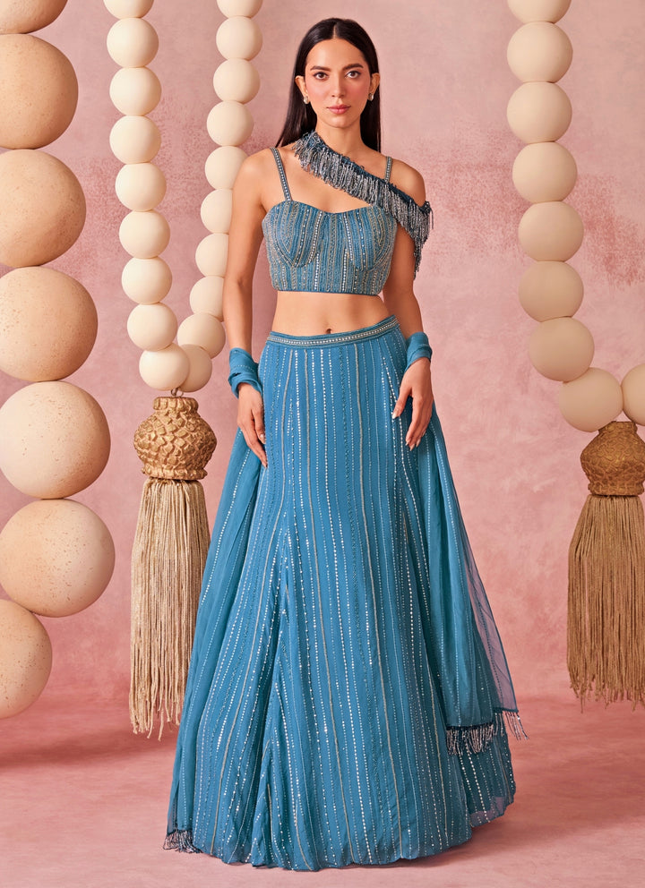 Blue Sequence Organza Lehenga Set