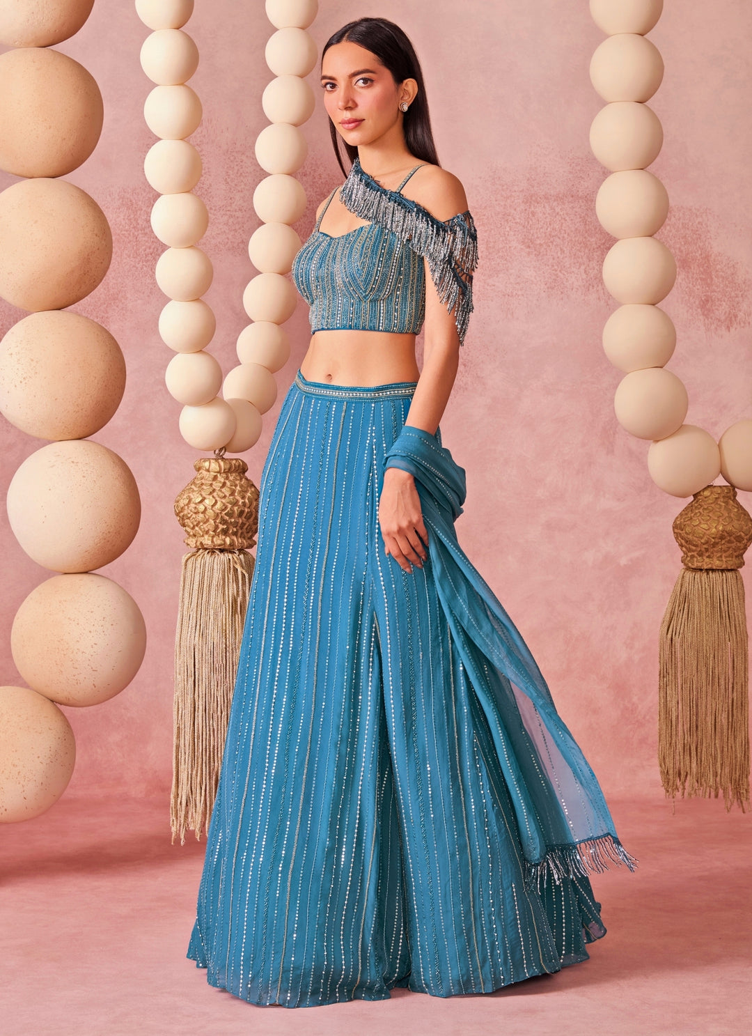 Blue Sequence Organza Lehenga Set
