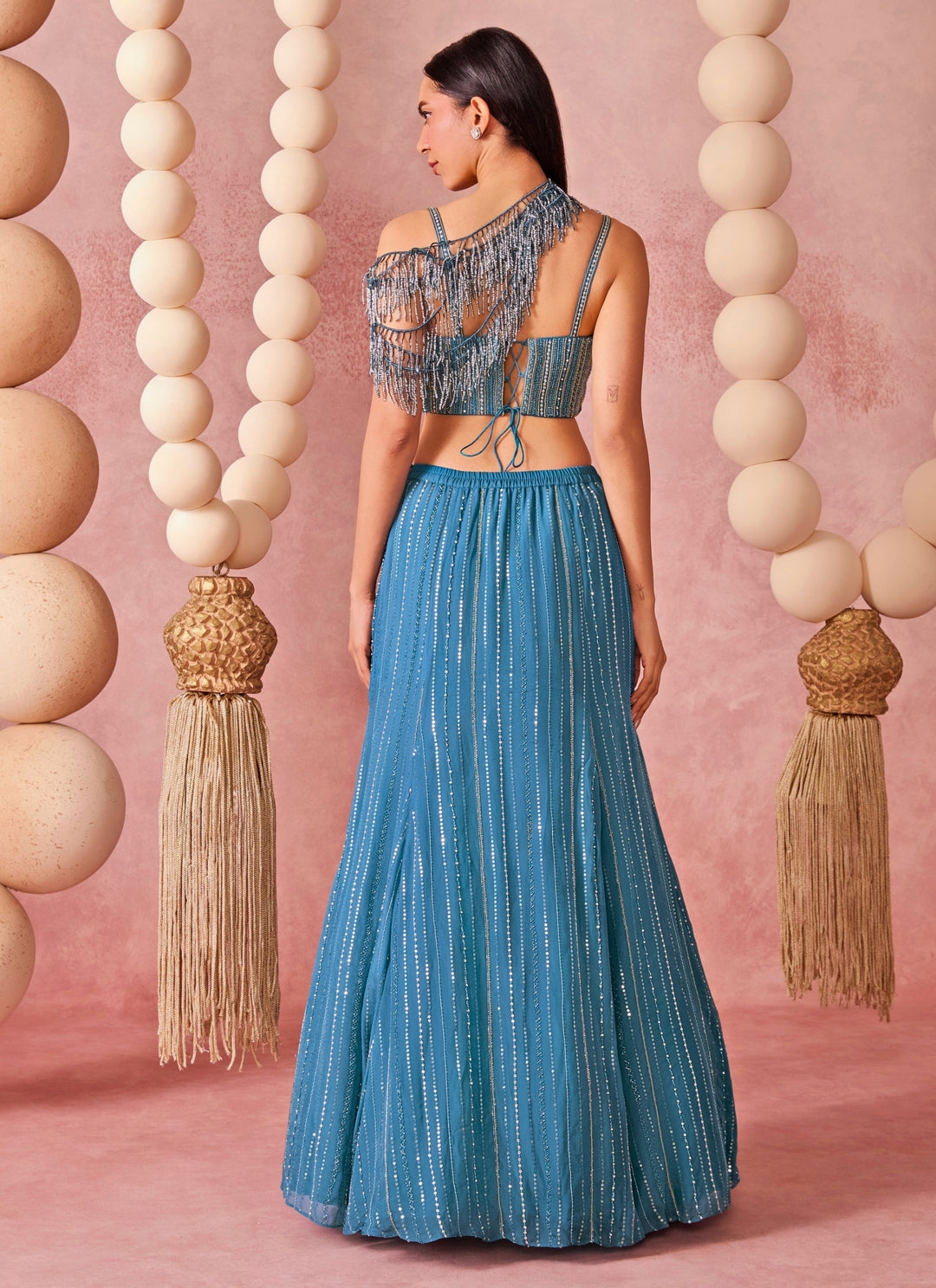 Blue Sequence Organza Lehenga Set