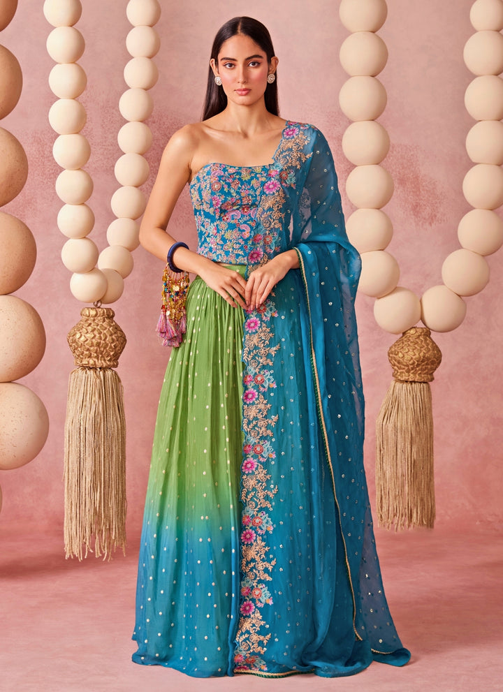 Green And Blue Ombre Jamewar Corset Lehenga Set
