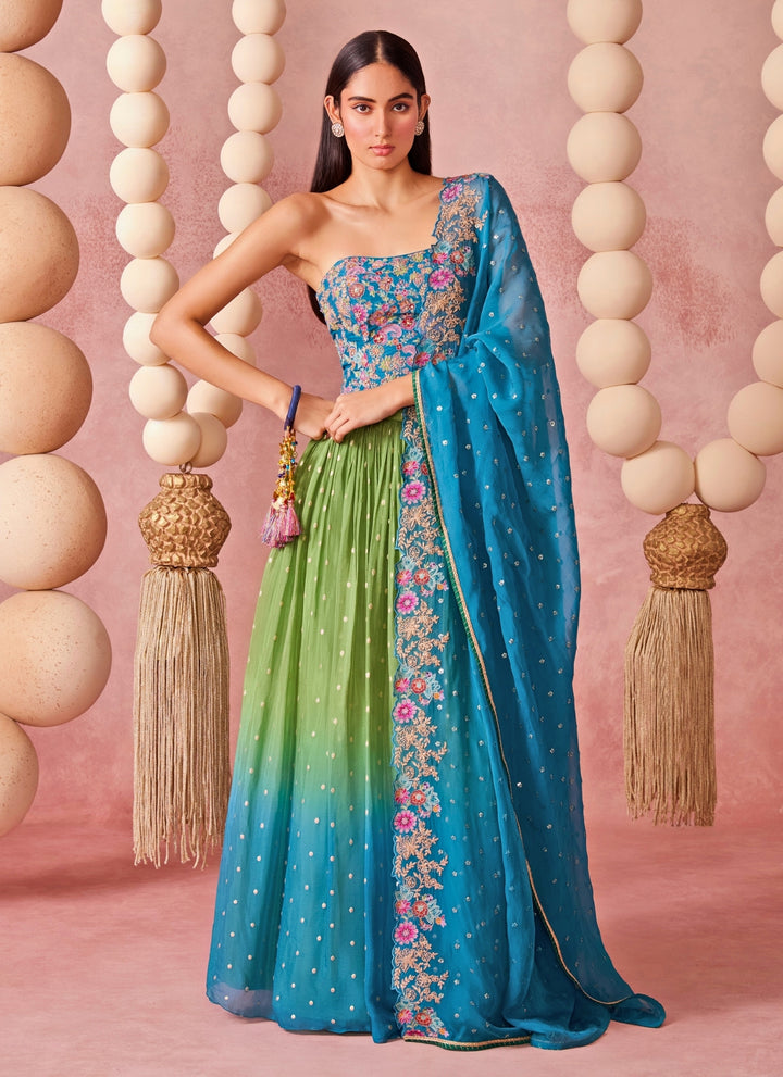 Green And Blue Ombre Jamewar Corset Lehenga Set