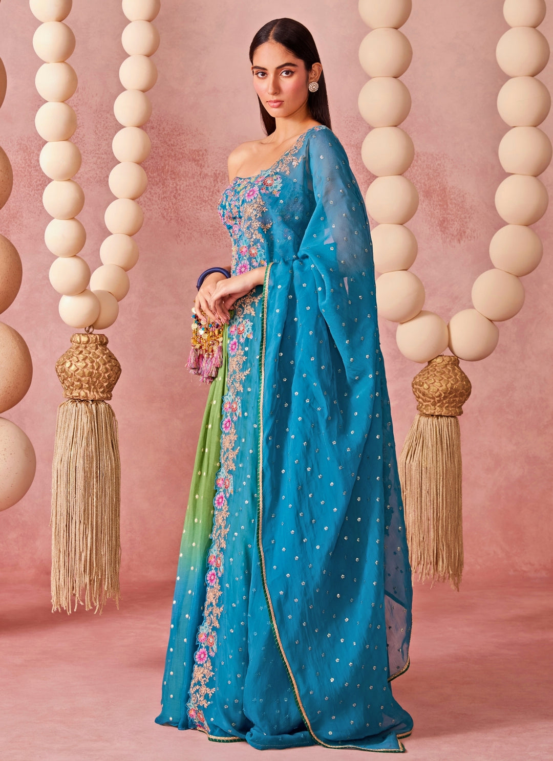 Green And Blue Ombre Jamewar Corset Lehenga Set
