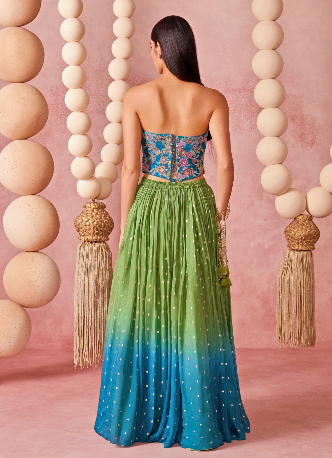 Green And Blue Ombre Jamewar Corset Lehenga Set
