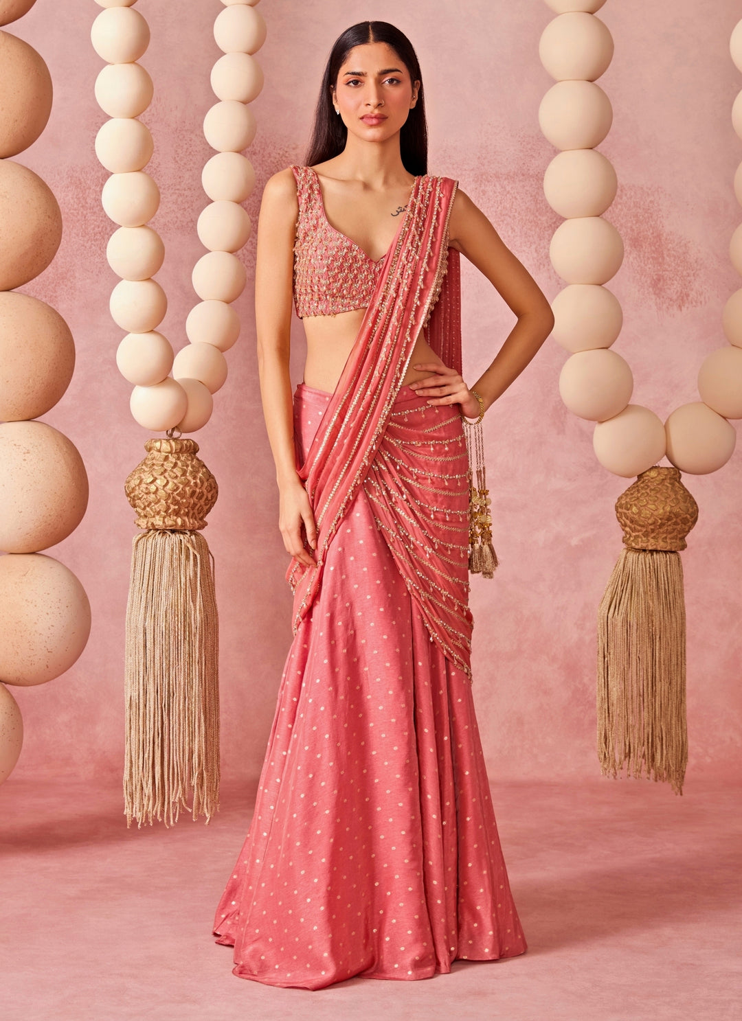 Peach Jamewar Organza Pre-Draped Saree