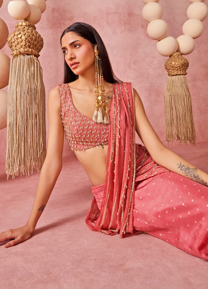 Peach Jamewar Organza Pre-Draped Saree