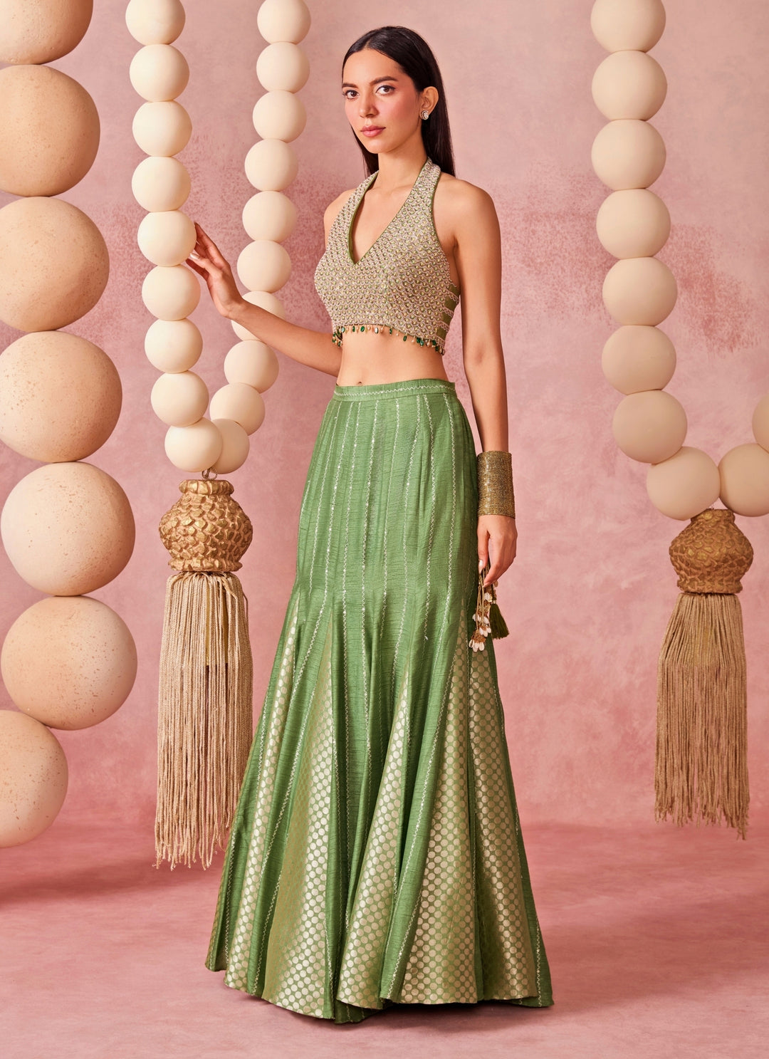 Green Jamewar Mermaid Lehenga Set