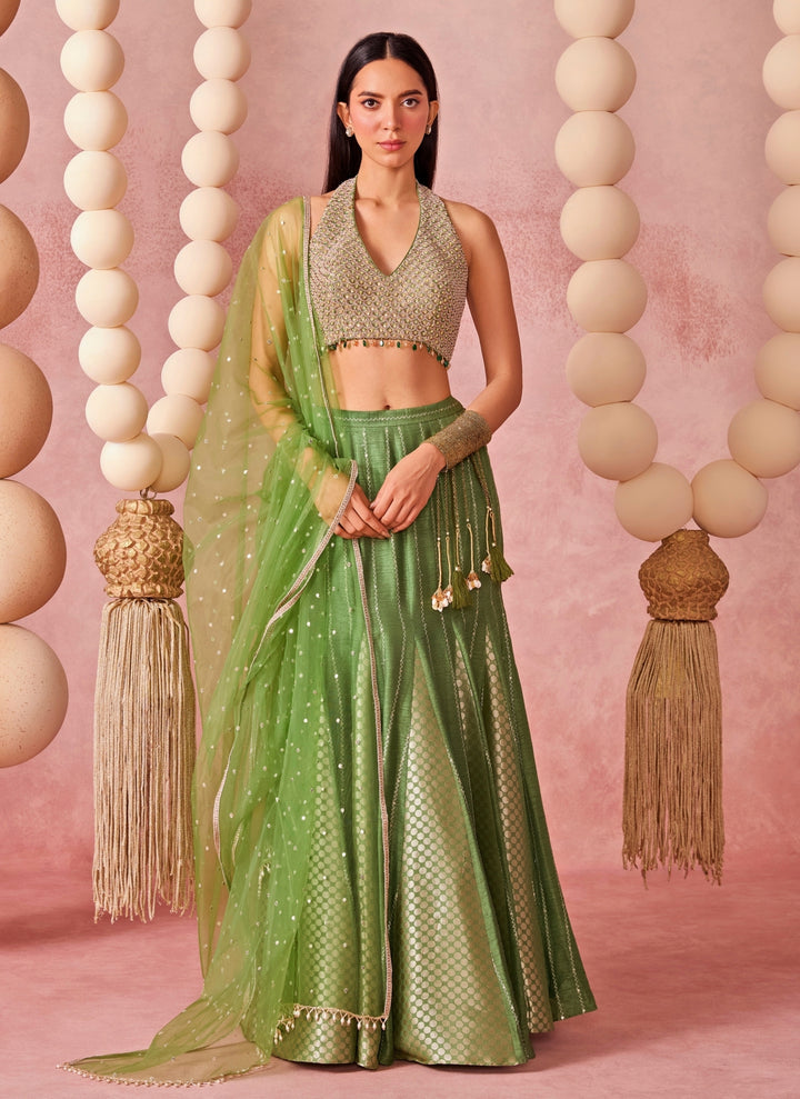 Green Jamewar Mermaid Lehenga Set