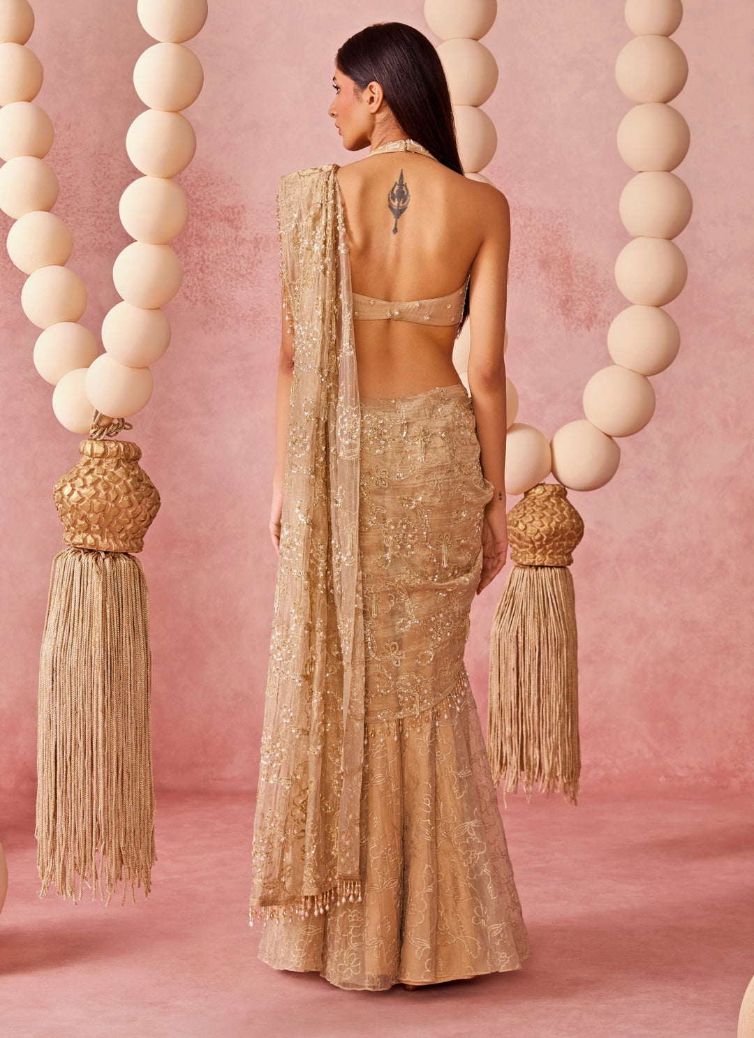 Gold Tissue Organza Pre-Draped Saree