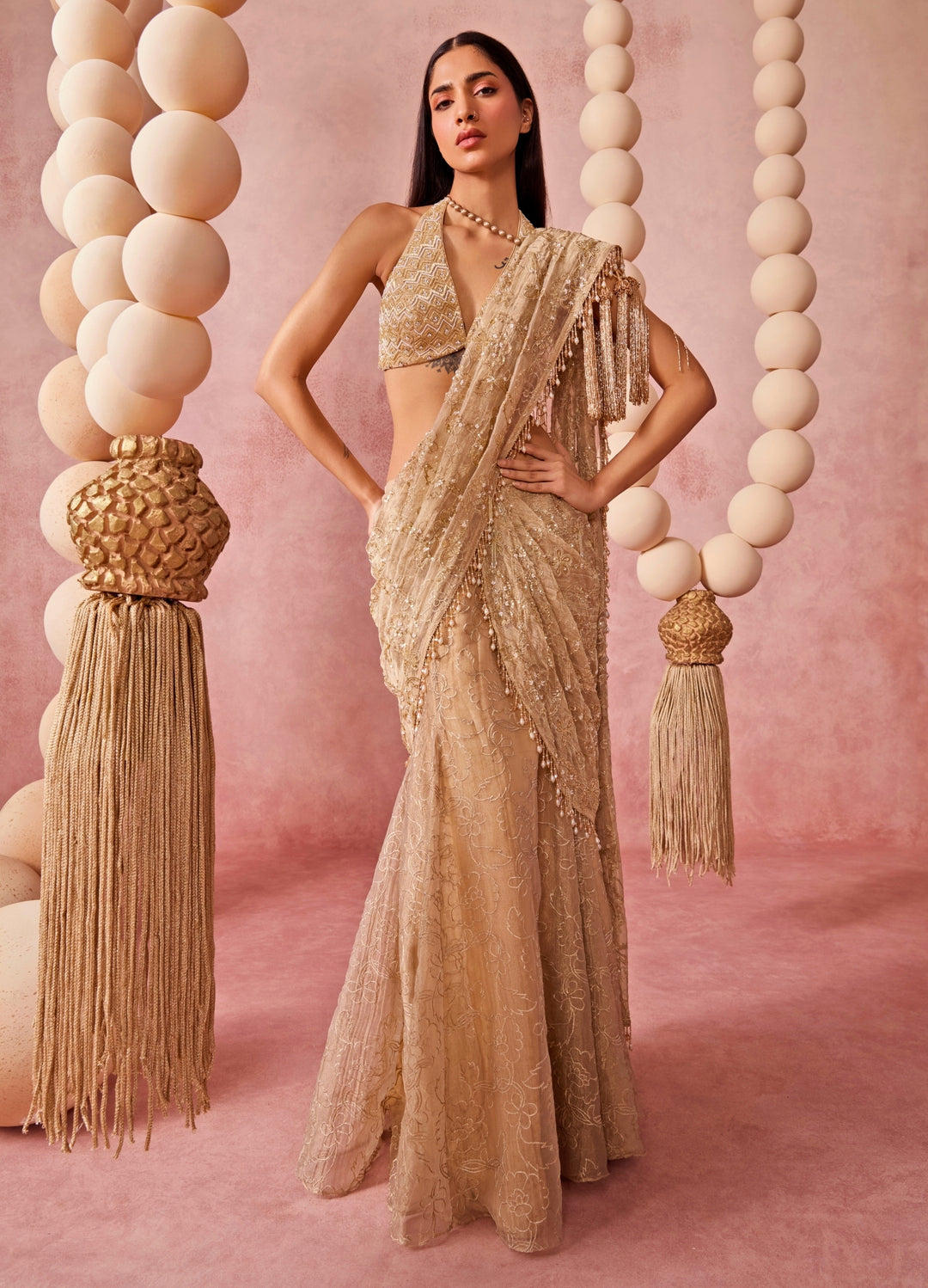 Gold Tissue Organza Pre-Draped Saree