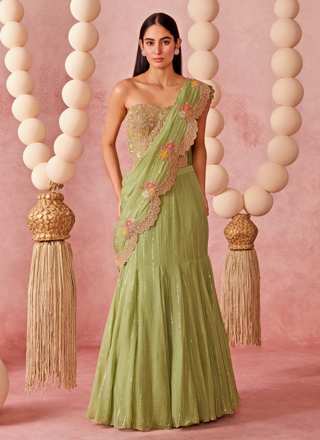 Sage Green Organza Pre-Draped Saree With Corset