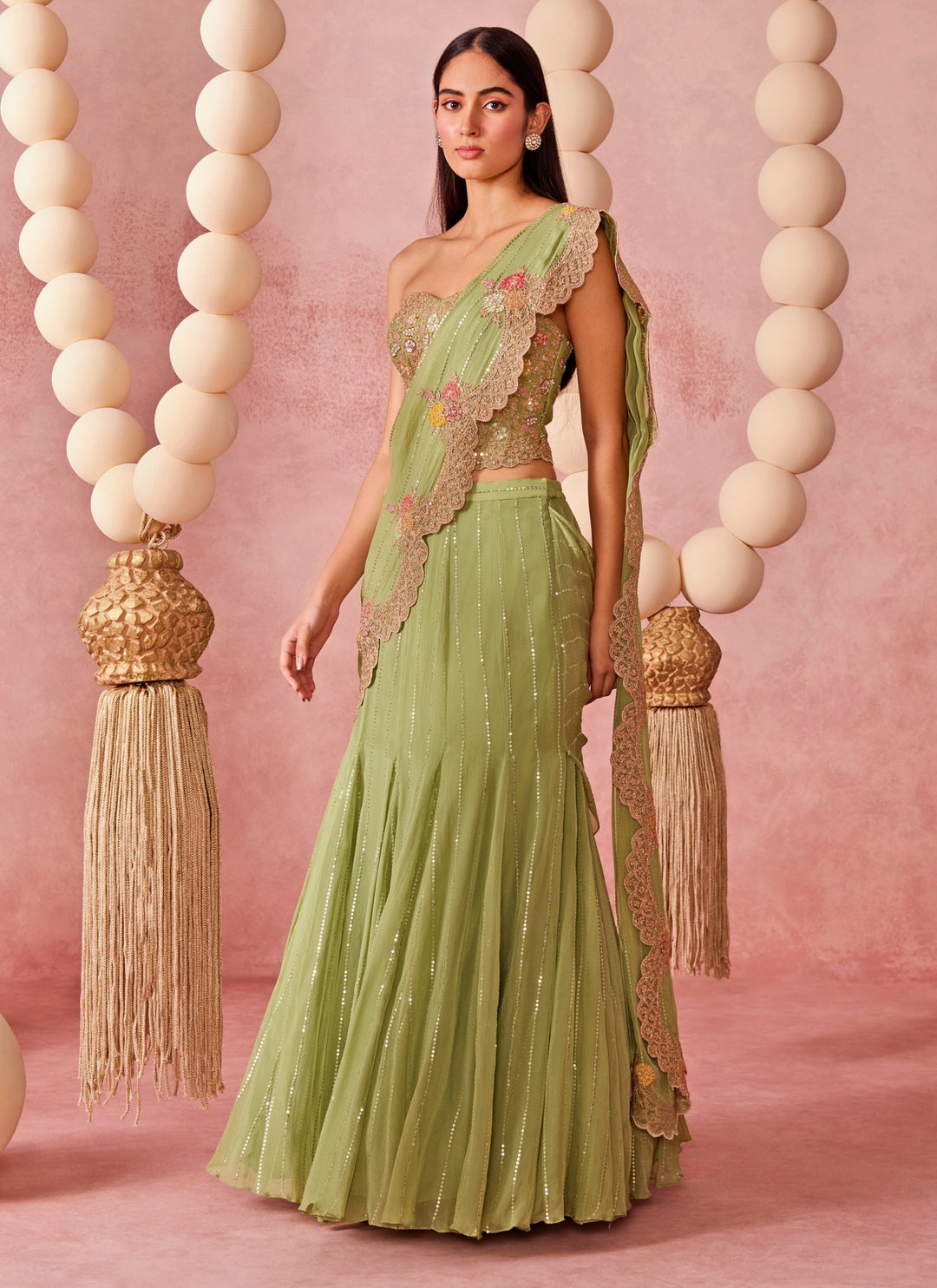 Sage Green Organza Pre-Draped Saree With Corset