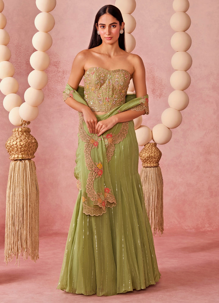 Sage Green Organza Pre-Draped Saree With Corset