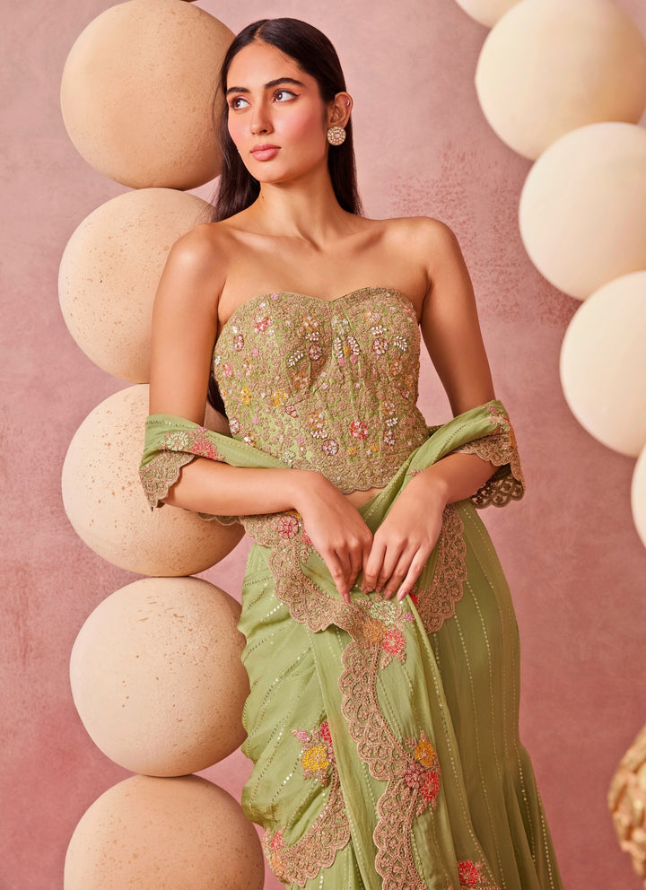 Sage Green Organza Pre-Draped Saree With Corset