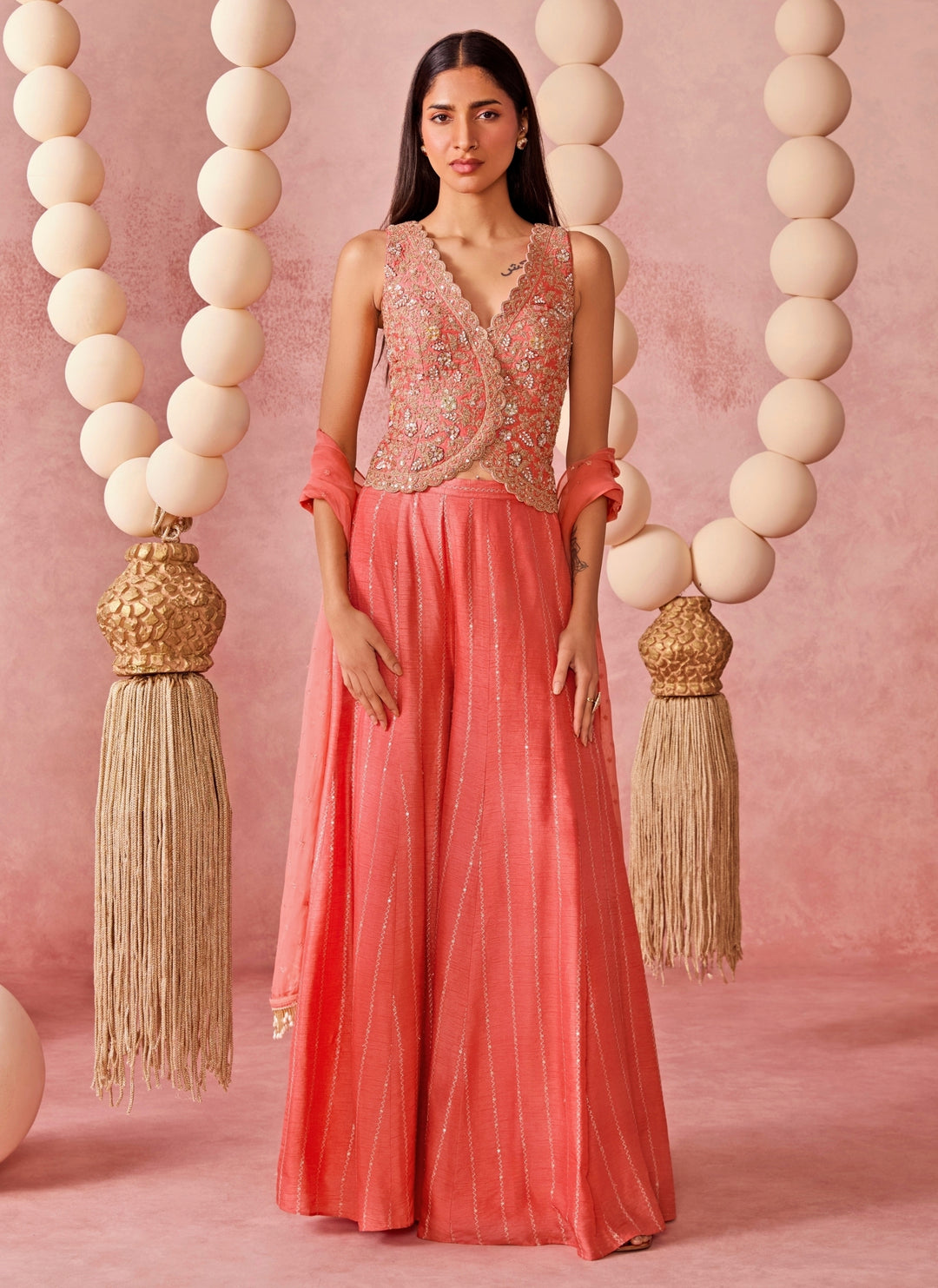 Coral Jamewar Palazzo Pants Set