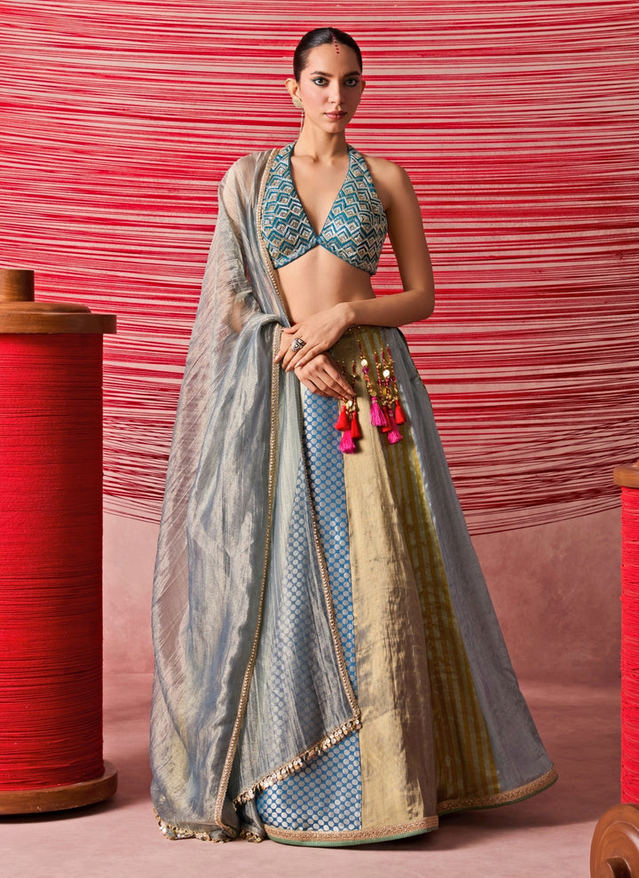 Blue And Gold Jamewar Lehenga Set