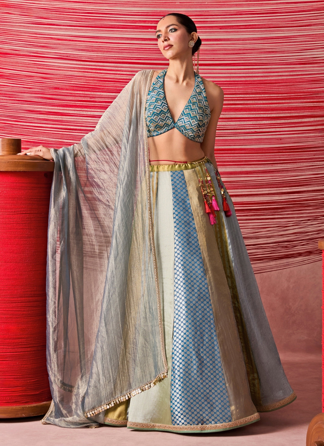 Blue And Gold Jamewar Lehenga Set